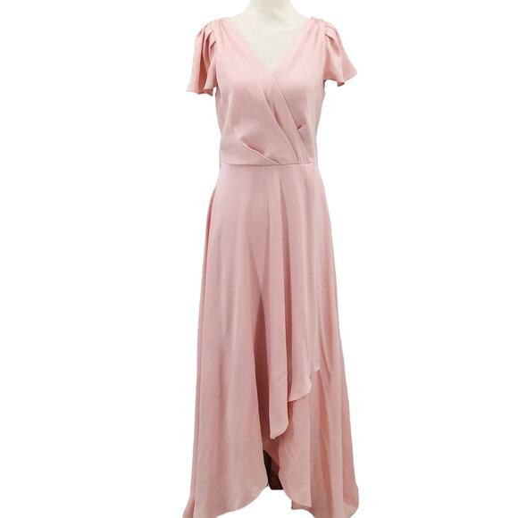 DKNY SZ 6 S Pink Satin V-Neck Faux Wrap High-Low Midi Dress NWT B153 - Picture 2 of 8